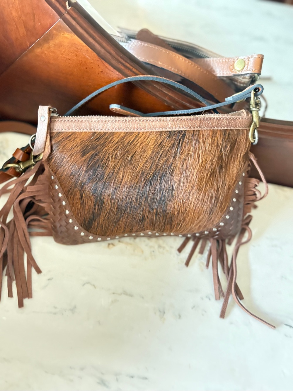 Brown Fringe genuine leather Crossbody Bag with Stud Detail